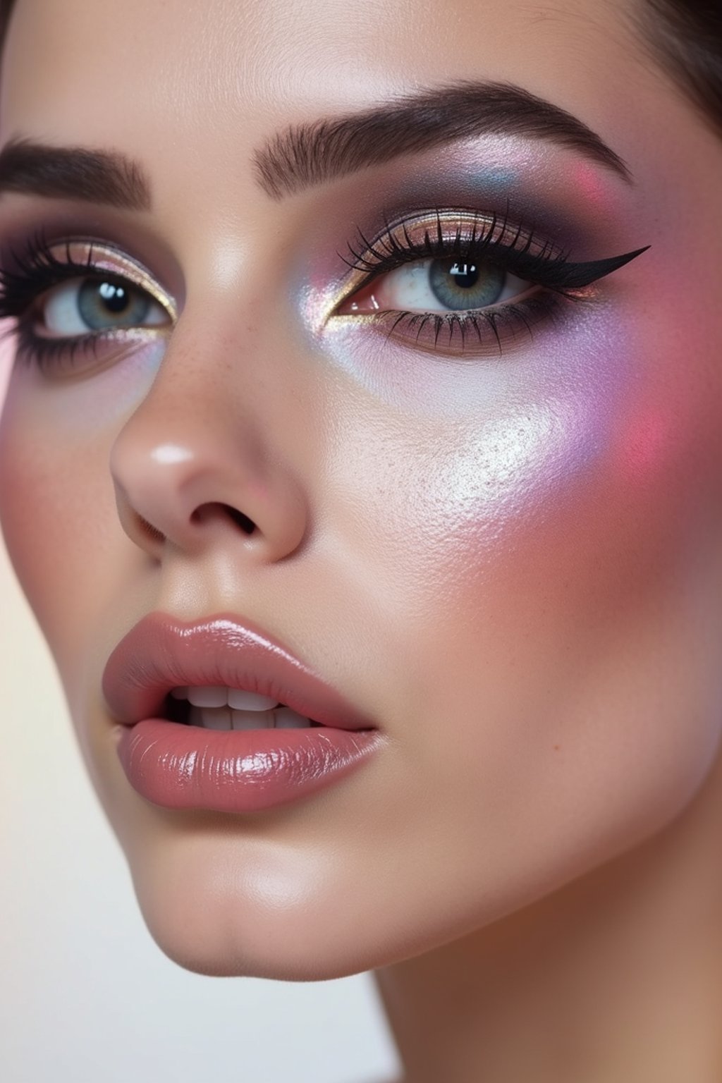 close-up of Futuristic makeup with metallic eyeshadow and sharp contouring. set against a soft, pastel background