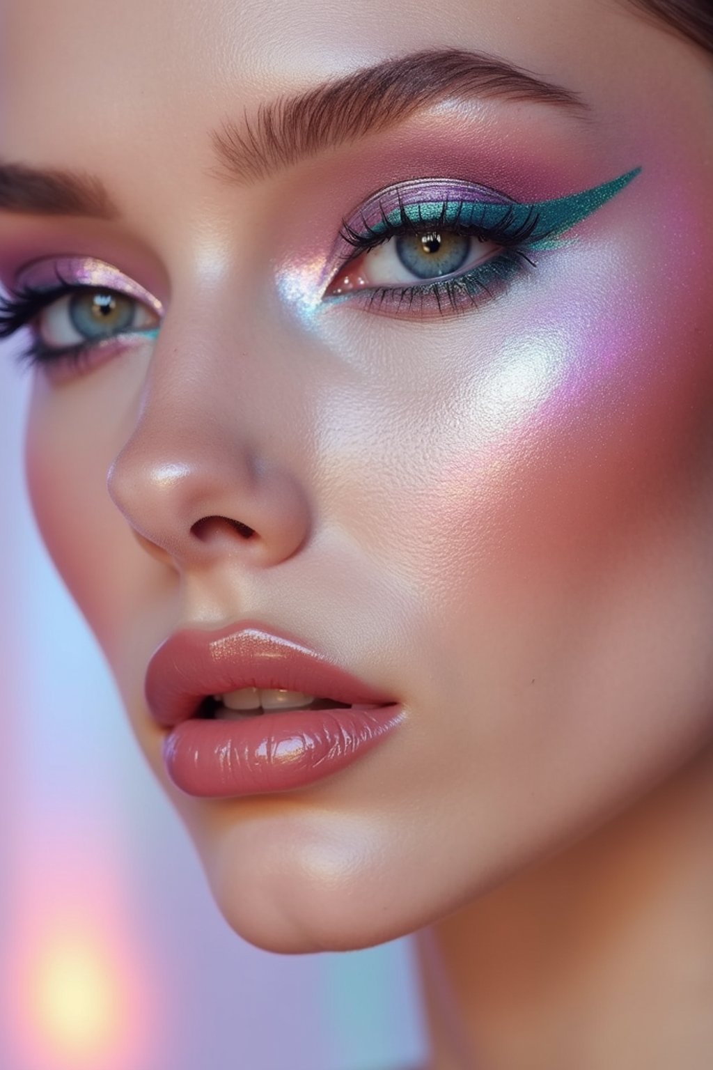 close-up of Futuristic makeup with metallic eyeshadow and sharp contouring. set against a soft, pastel background