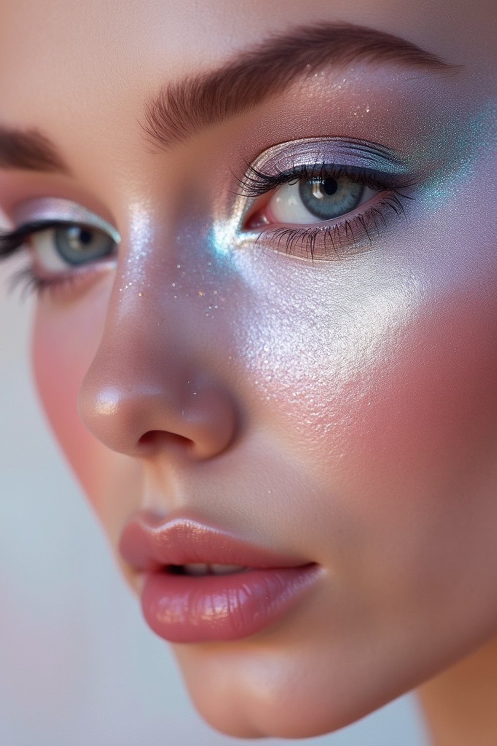 close-up of Futuristic makeup with metallic eyeshadow and sharp contouring. set against a soft, pastel background