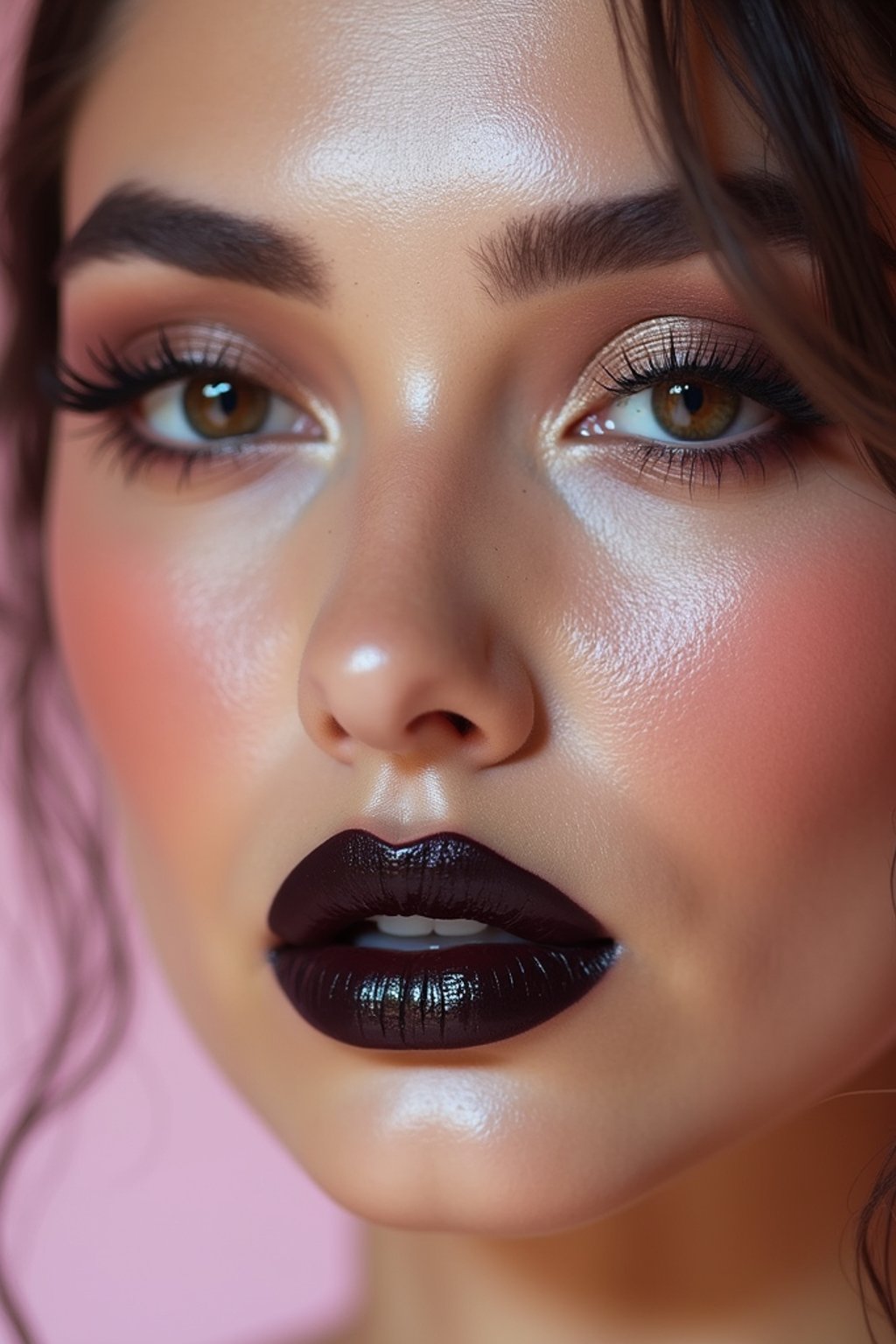 close-up of Edgy makeup look with dark, glossy lips and contoured cheeks. set against a soft, pastel background