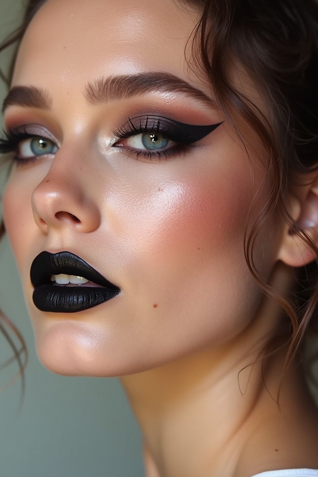 close-up of Edgy makeup look with dark, glossy lips and contoured cheeks. set against a soft, pastel background