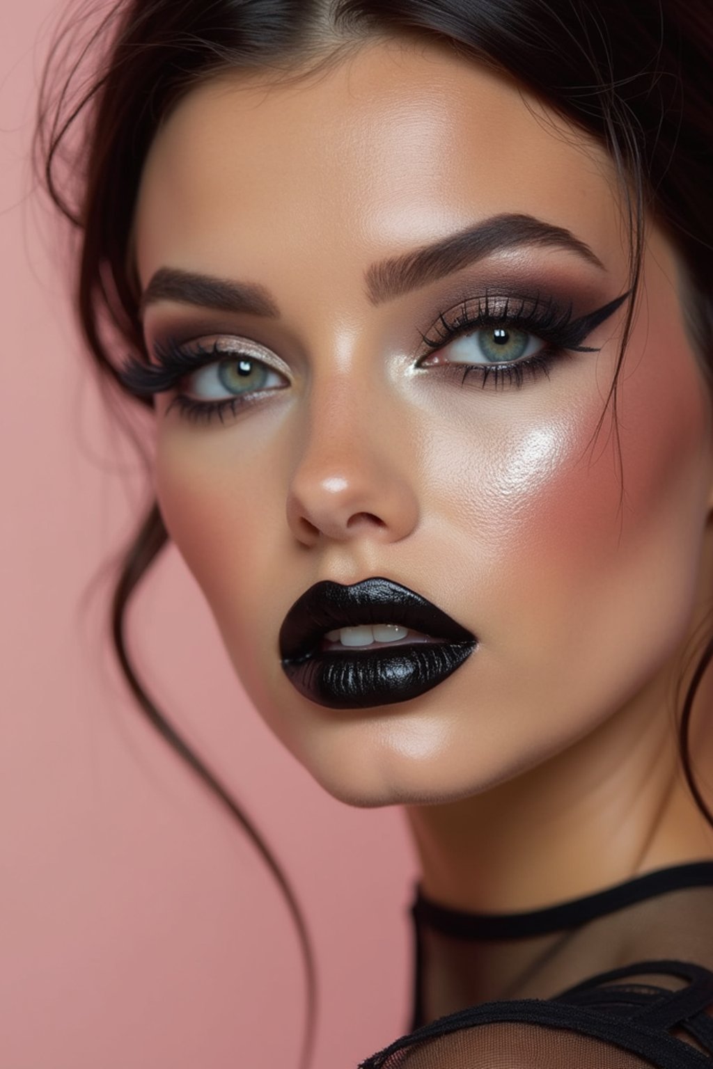 close-up of Edgy makeup look with dark, glossy lips and contoured cheeks. set against a soft, pastel background