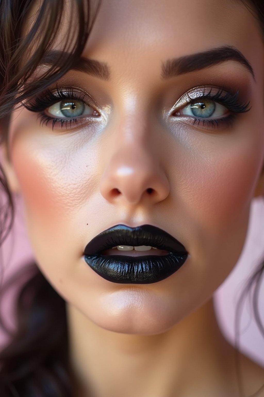 close-up of Edgy makeup look with dark, glossy lips and contoured cheeks. set against a soft, pastel background