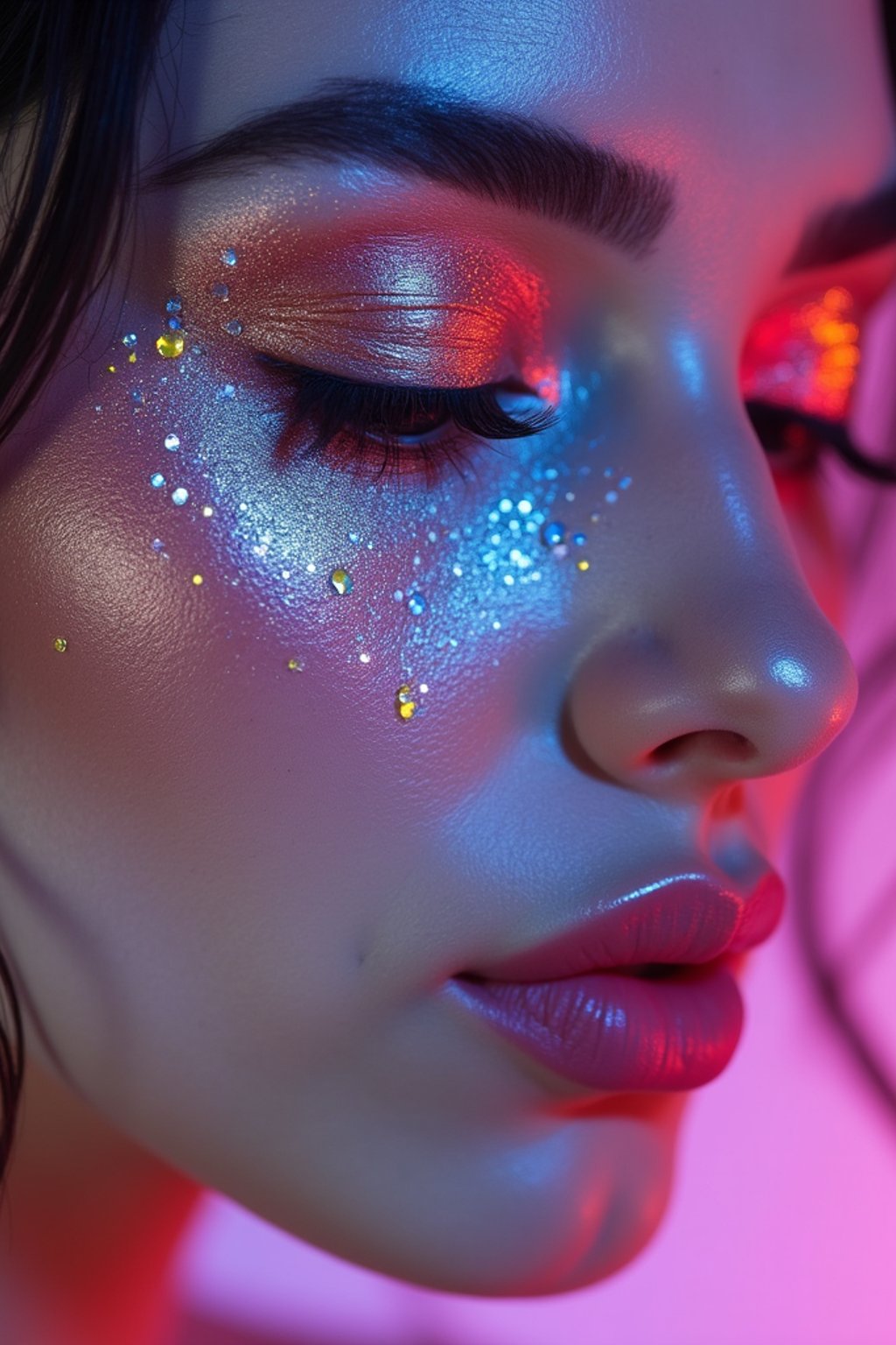 close-up of Artistic makeup with face jewels and iridescent highlighter, captured under a UV light for a glowing effect. set against a soft, pastel background