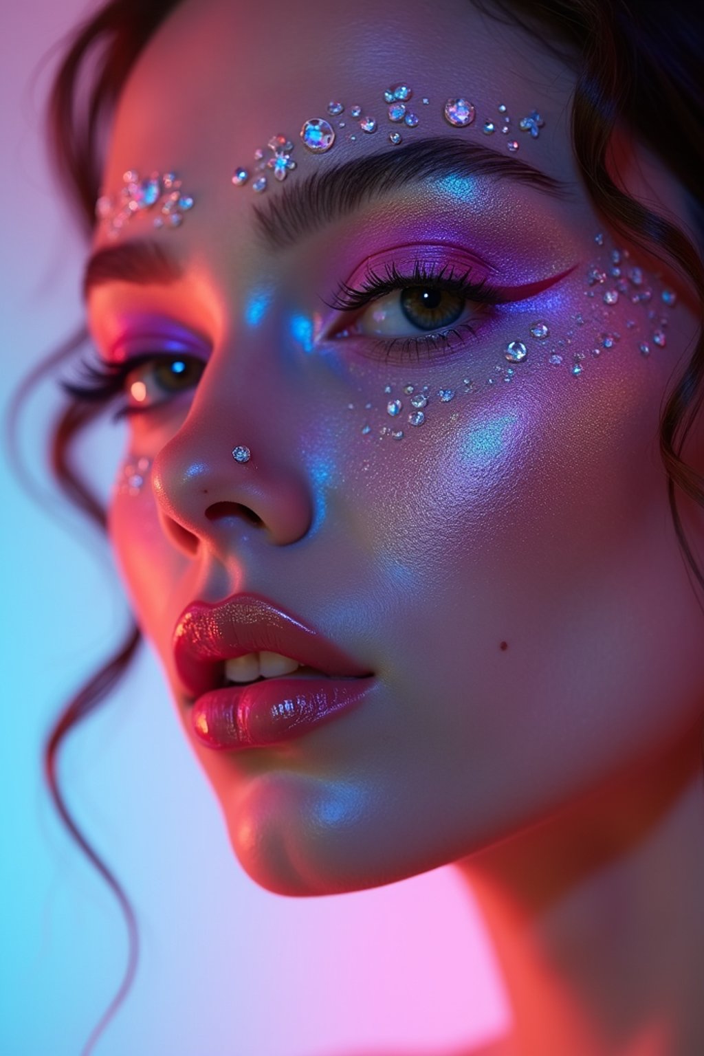 close-up of Artistic makeup with face jewels and iridescent highlighter, captured under a UV light for a glowing effect. set against a soft, pastel background