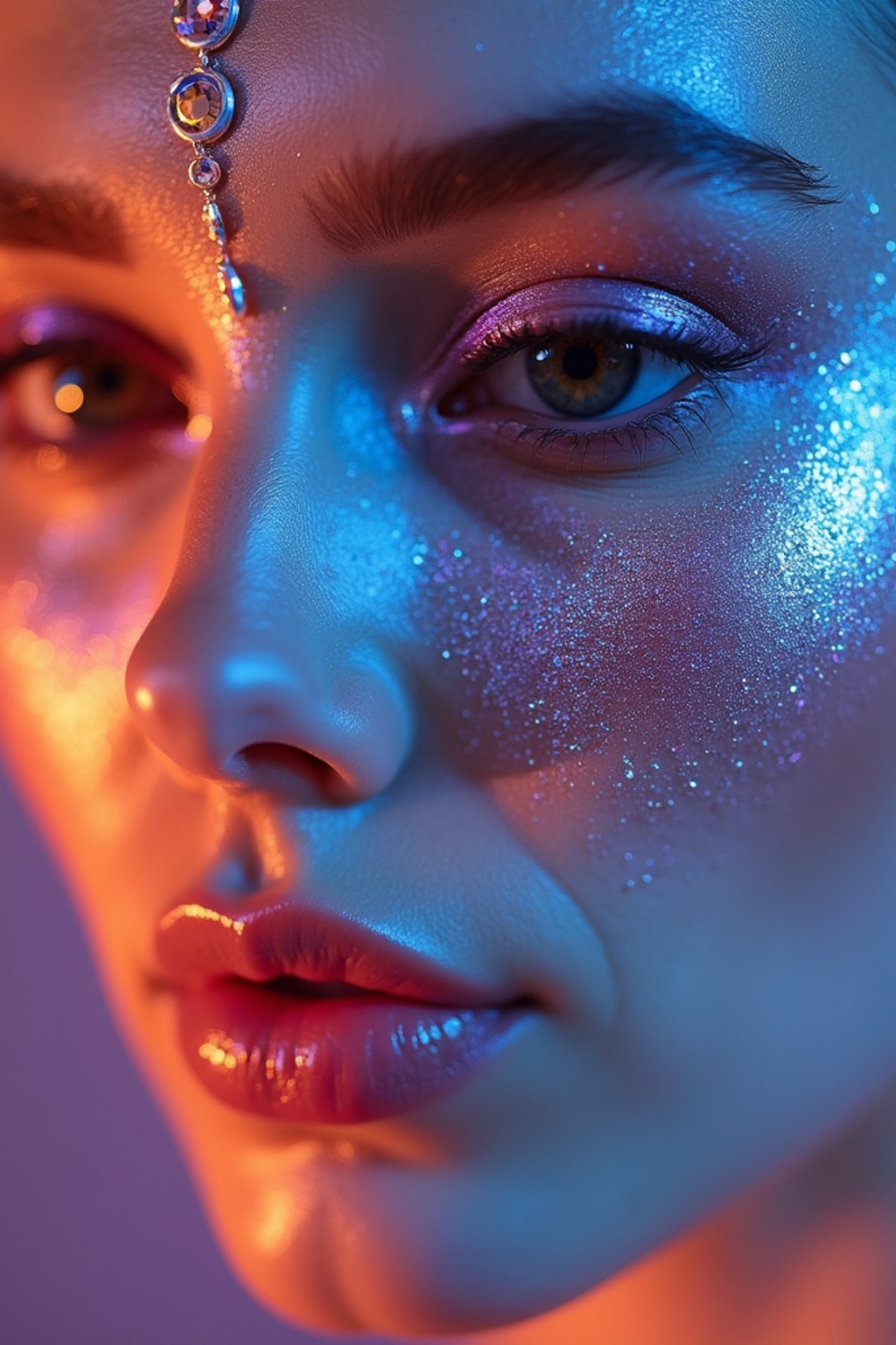 close-up of Artistic makeup with face jewels and iridescent highlighter, captured under a UV light for a glowing effect. set against a soft, pastel background