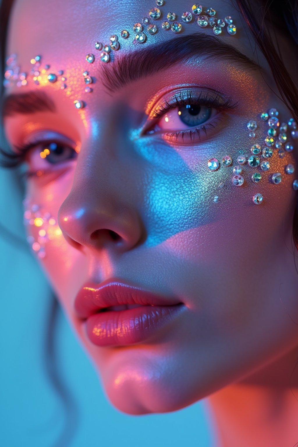 close-up of Artistic makeup with face jewels and iridescent highlighter, captured under a UV light for a glowing effect. set against a soft, pastel background