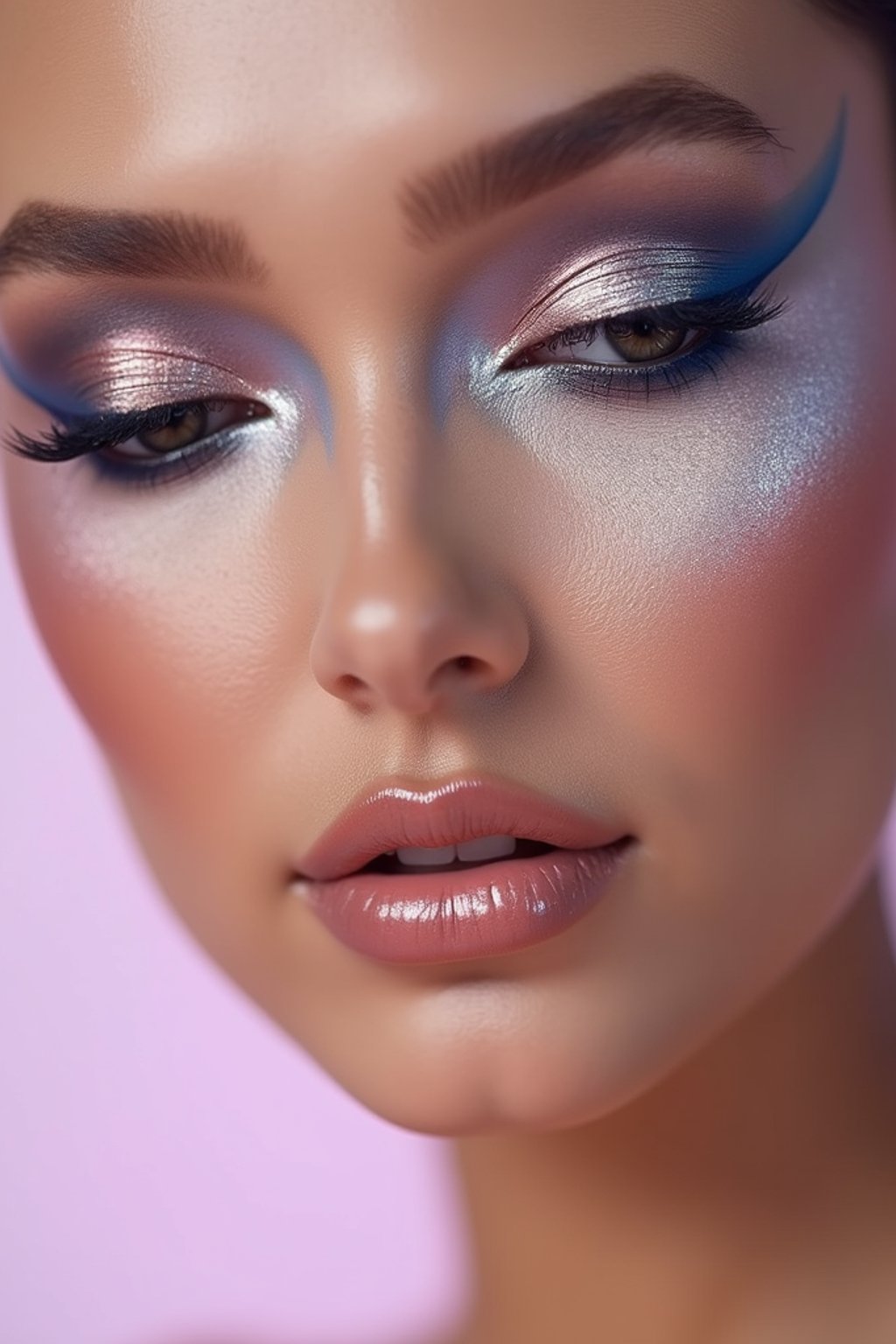 close-up of Futuristic makeup with metallic eyeshadow and sharp contouring. set against a soft, pastel background