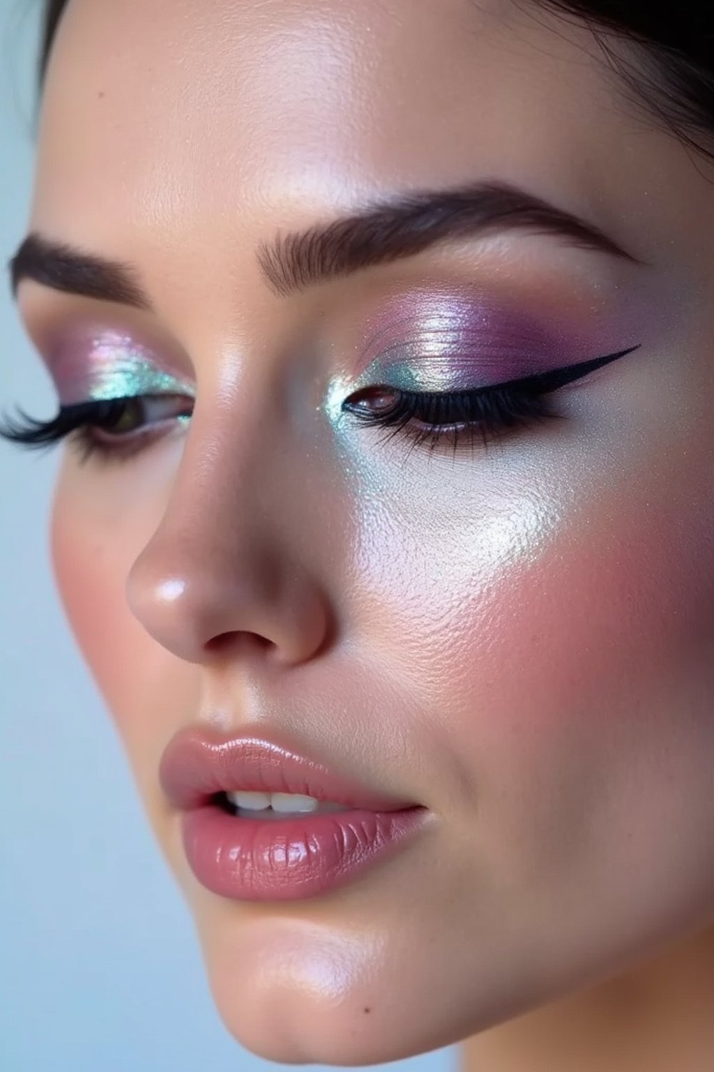 close-up of Futuristic makeup with metallic eyeshadow and sharp contouring. set against a soft, pastel background