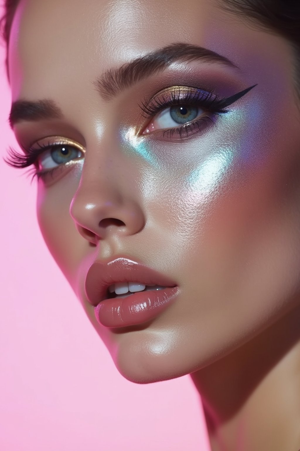 close-up of Futuristic makeup with metallic eyeshadow and sharp contouring. set against a soft, pastel background