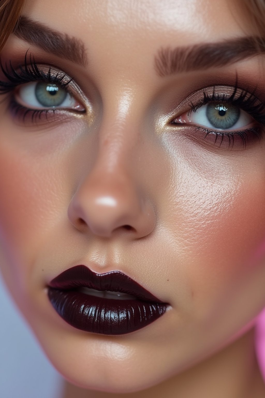 close-up of Edgy makeup look with dark, glossy lips and contoured cheeks. set against a soft, pastel background