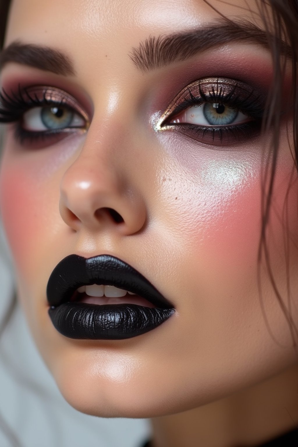 close-up of Edgy makeup look with dark, glossy lips and contoured cheeks. set against a soft, pastel background