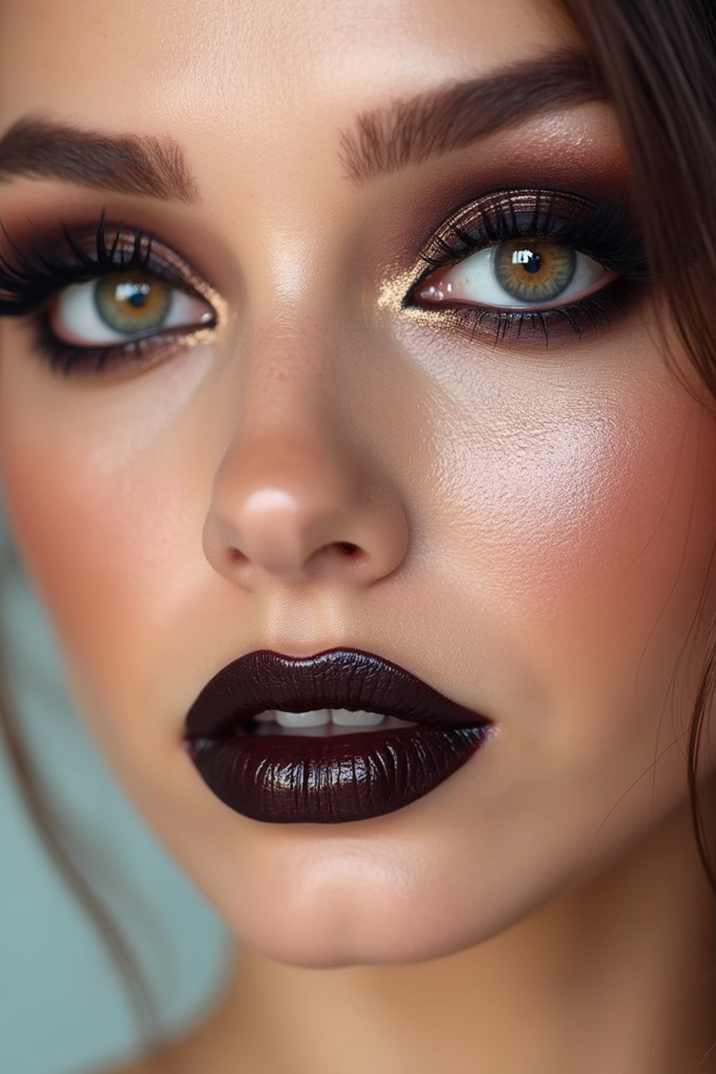 close-up of Edgy makeup look with dark, glossy lips and contoured cheeks. set against a soft, pastel background