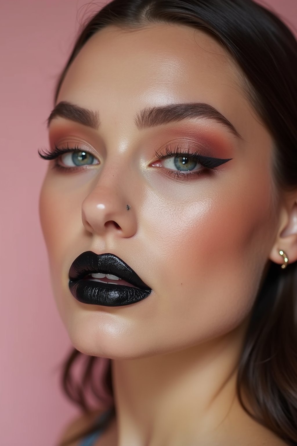 close-up of Edgy makeup look with dark, glossy lips and contoured cheeks. set against a soft, pastel background