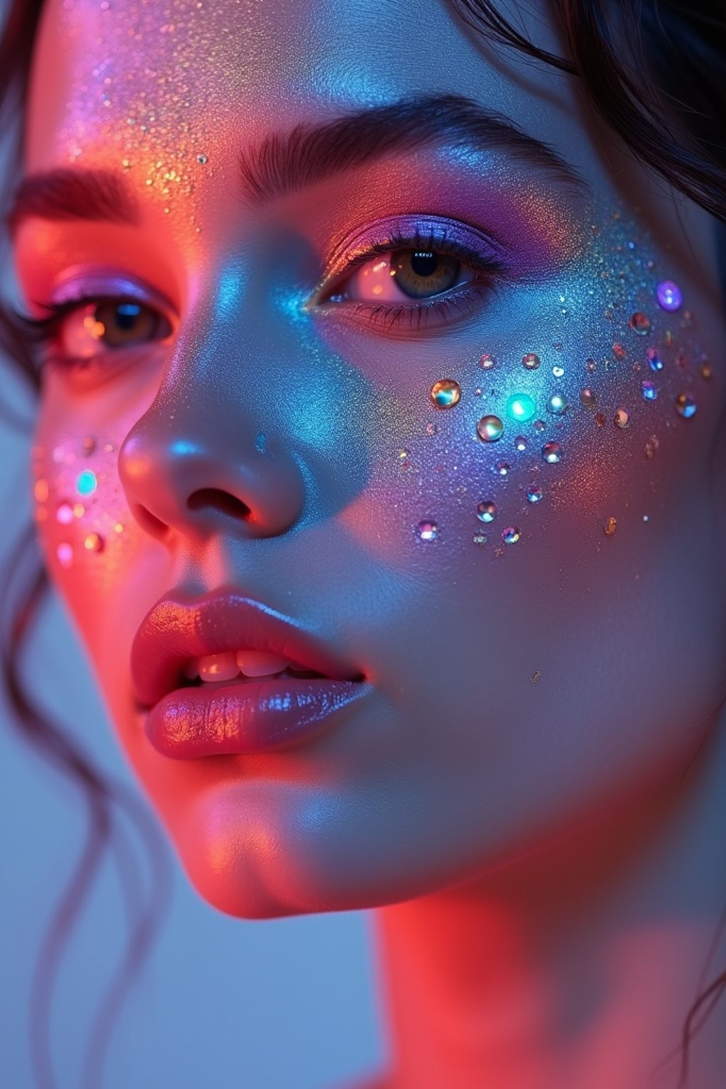 close-up of Artistic makeup with face jewels and iridescent highlighter, captured under a UV light for a glowing effect. set against a soft, pastel background