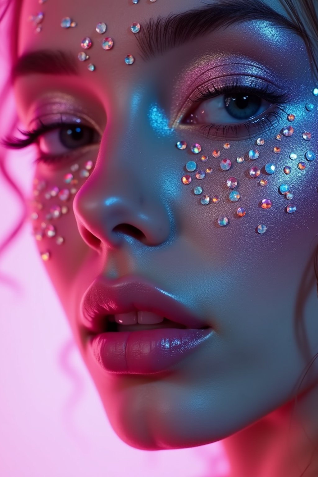 close-up of Artistic makeup with face jewels and iridescent highlighter, captured under a UV light for a glowing effect. set against a soft, pastel background