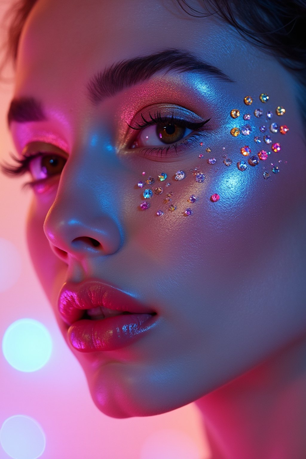 close-up of Artistic makeup with face jewels and iridescent highlighter, captured under a UV light for a glowing effect. set against a soft, pastel background