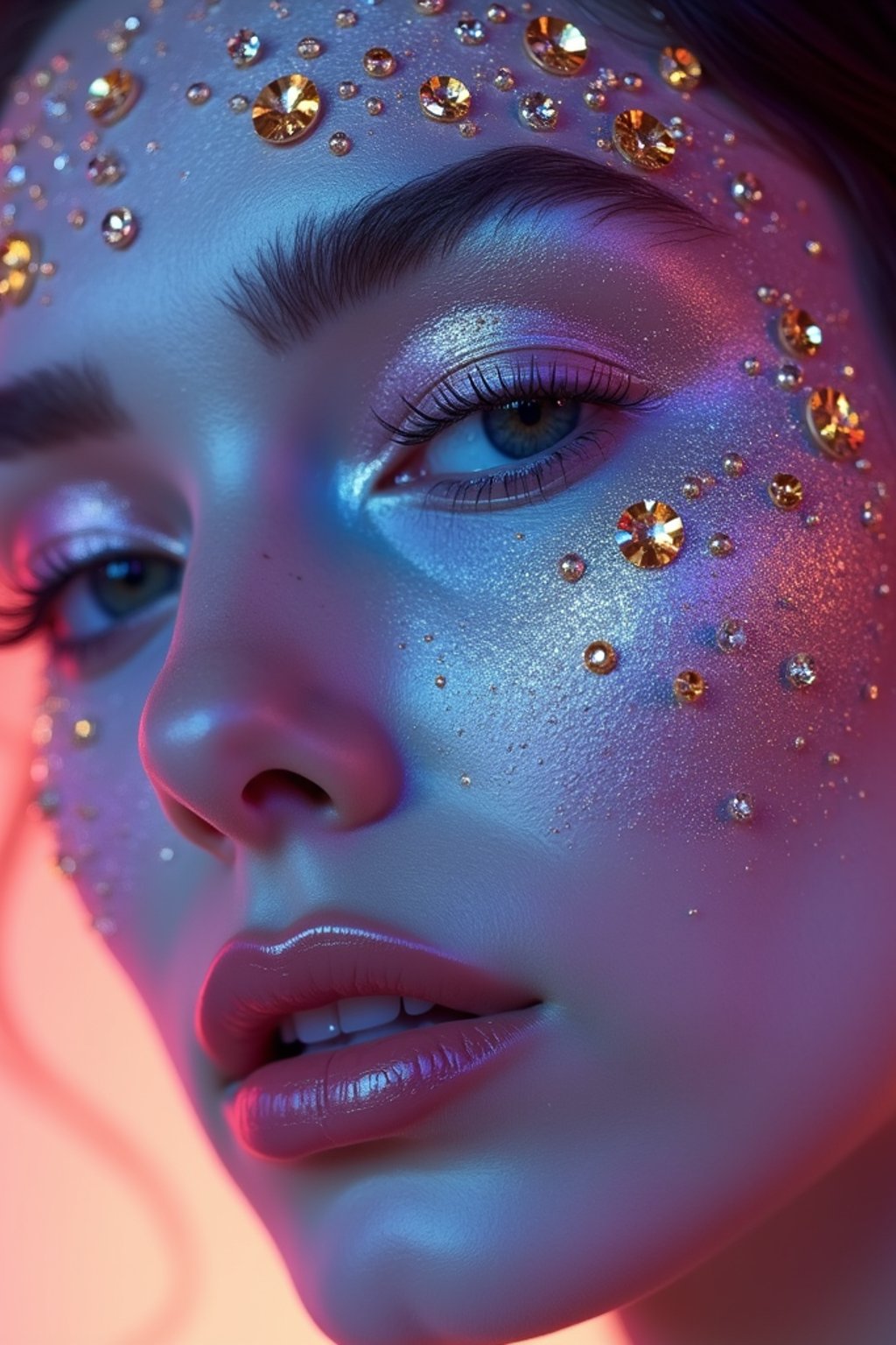 close-up of Artistic makeup with face jewels and iridescent highlighter, captured under a UV light for a glowing effect. set against a soft, pastel background