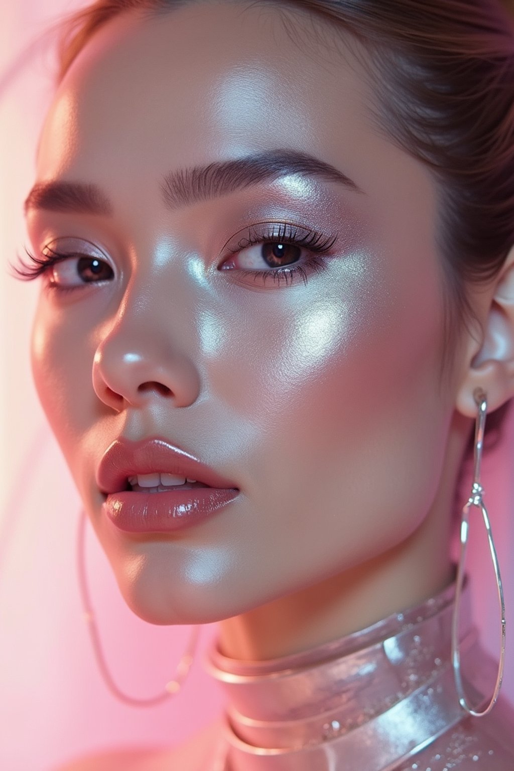 close-up of Futuristic makeup with metallic eyeshadow and sharp contouring. set against a soft, pastel background