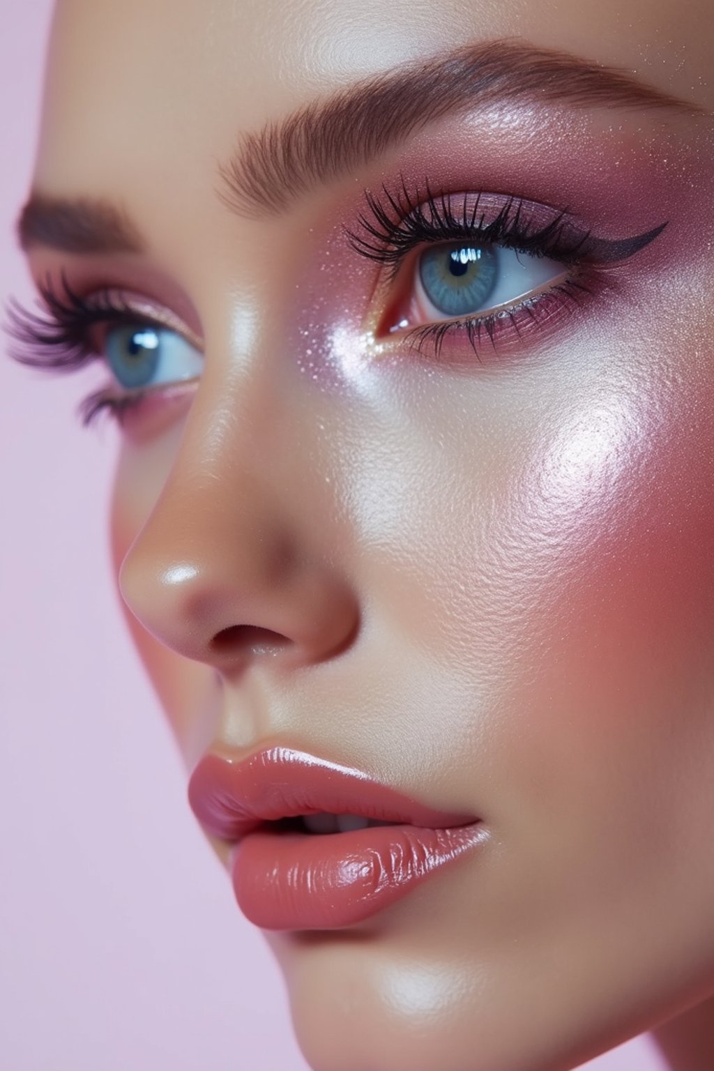 close-up of Futuristic makeup with metallic eyeshadow and sharp contouring. set against a soft, pastel background