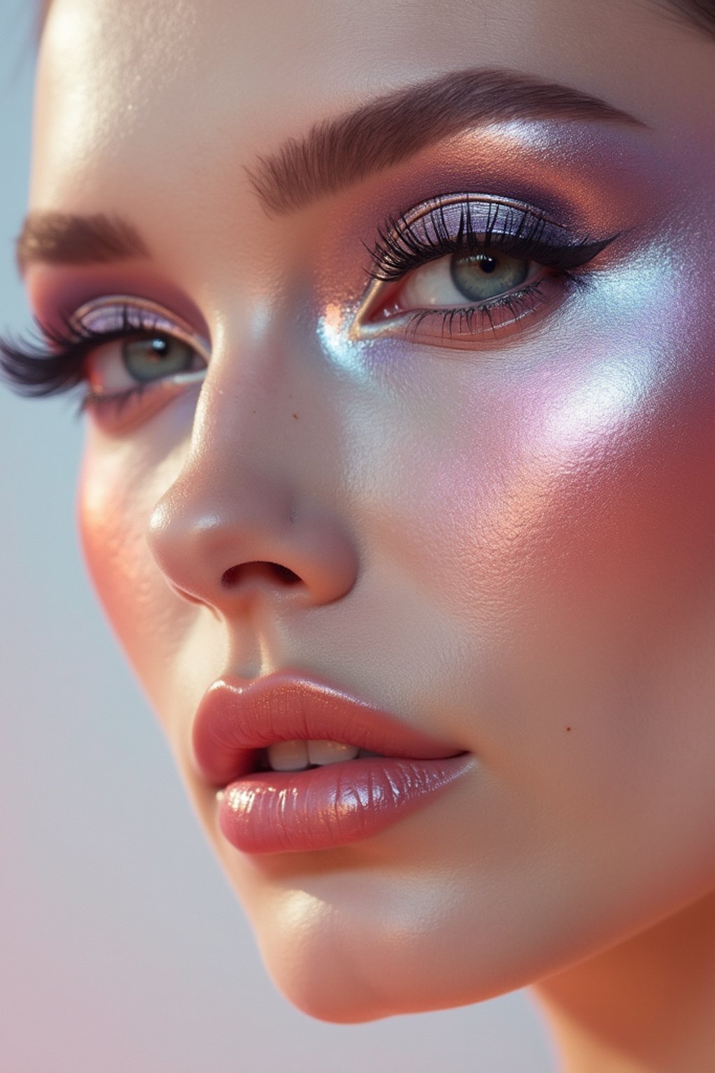 close-up of Futuristic makeup with metallic eyeshadow and sharp contouring. set against a soft, pastel background