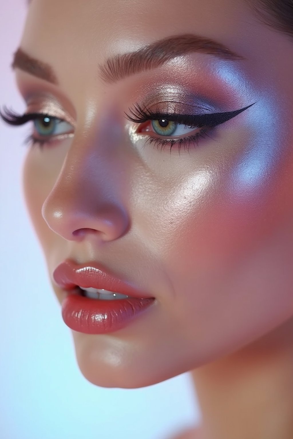 close-up of Futuristic makeup with metallic eyeshadow and sharp contouring. set against a soft, pastel background