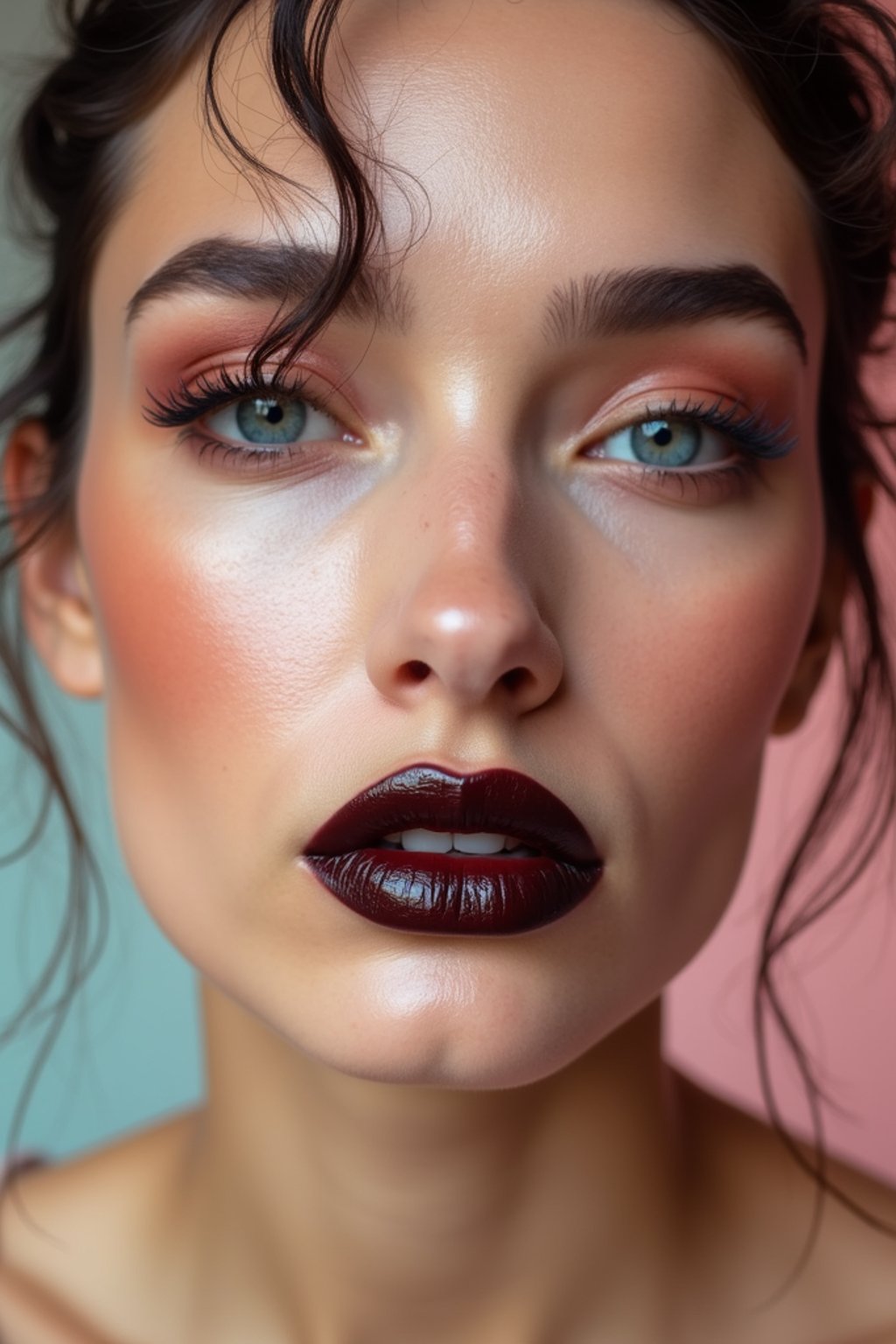 close-up of Edgy makeup look with dark, glossy lips and contoured cheeks. set against a soft, pastel background