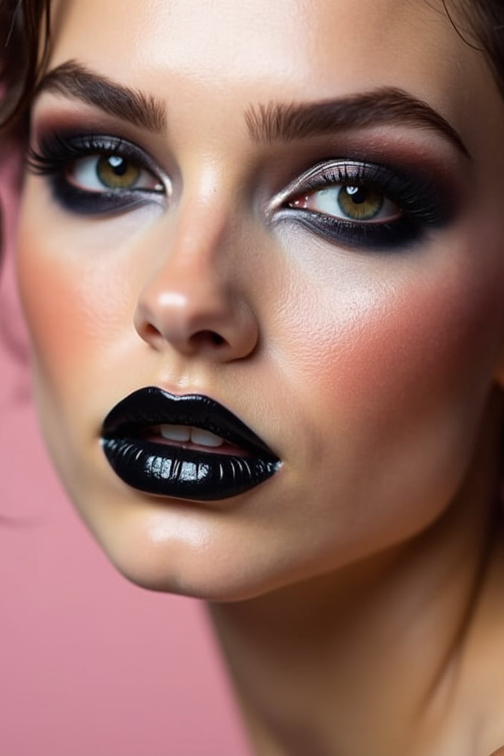 close-up of Edgy makeup look with dark, glossy lips and contoured cheeks. set against a soft, pastel background