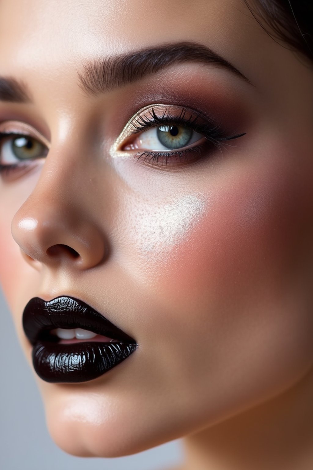 close-up of Edgy makeup look with dark, glossy lips and contoured cheeks. set against a soft, pastel background