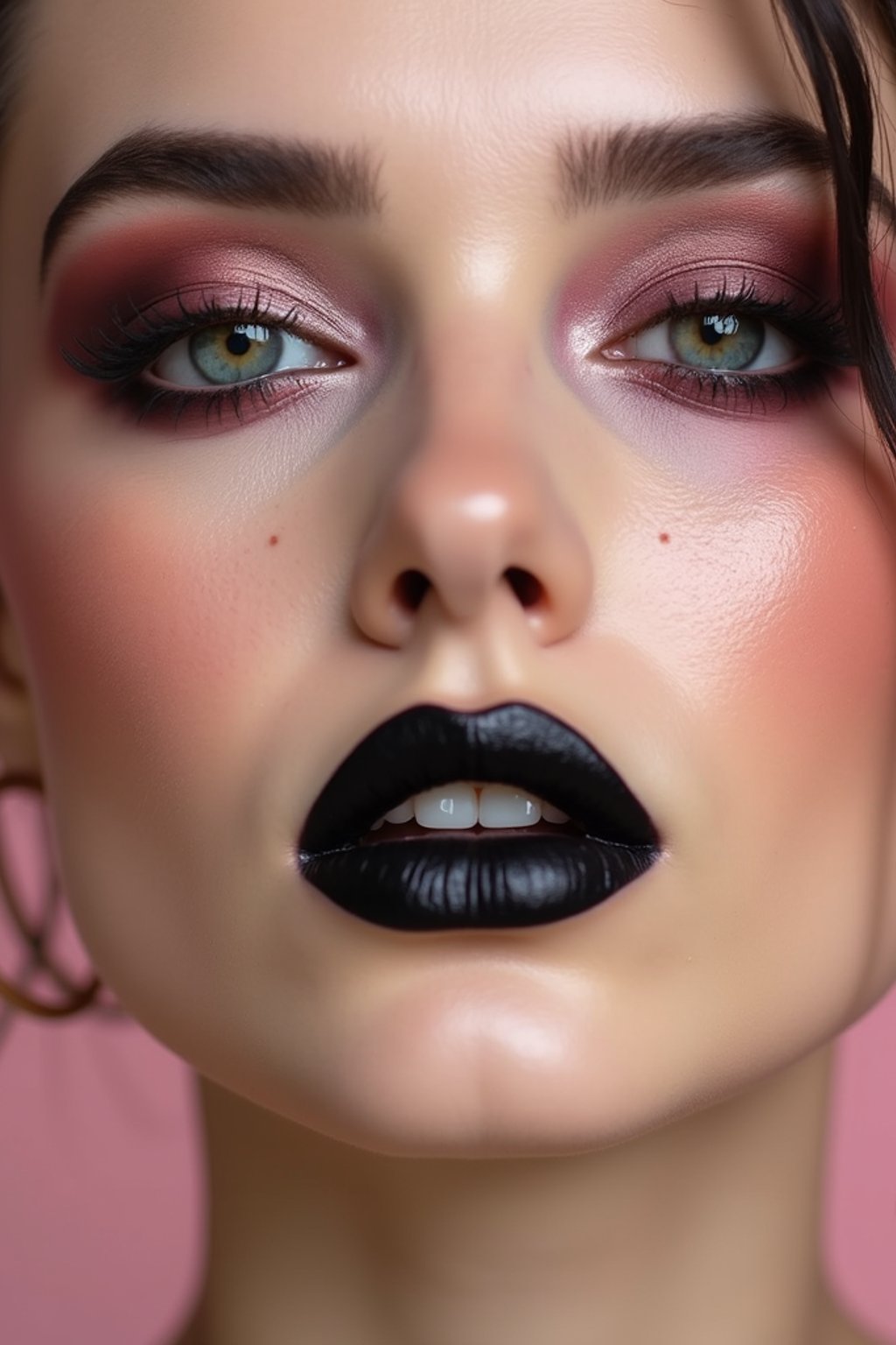 close-up of Edgy makeup look with dark, glossy lips and contoured cheeks. set against a soft, pastel background