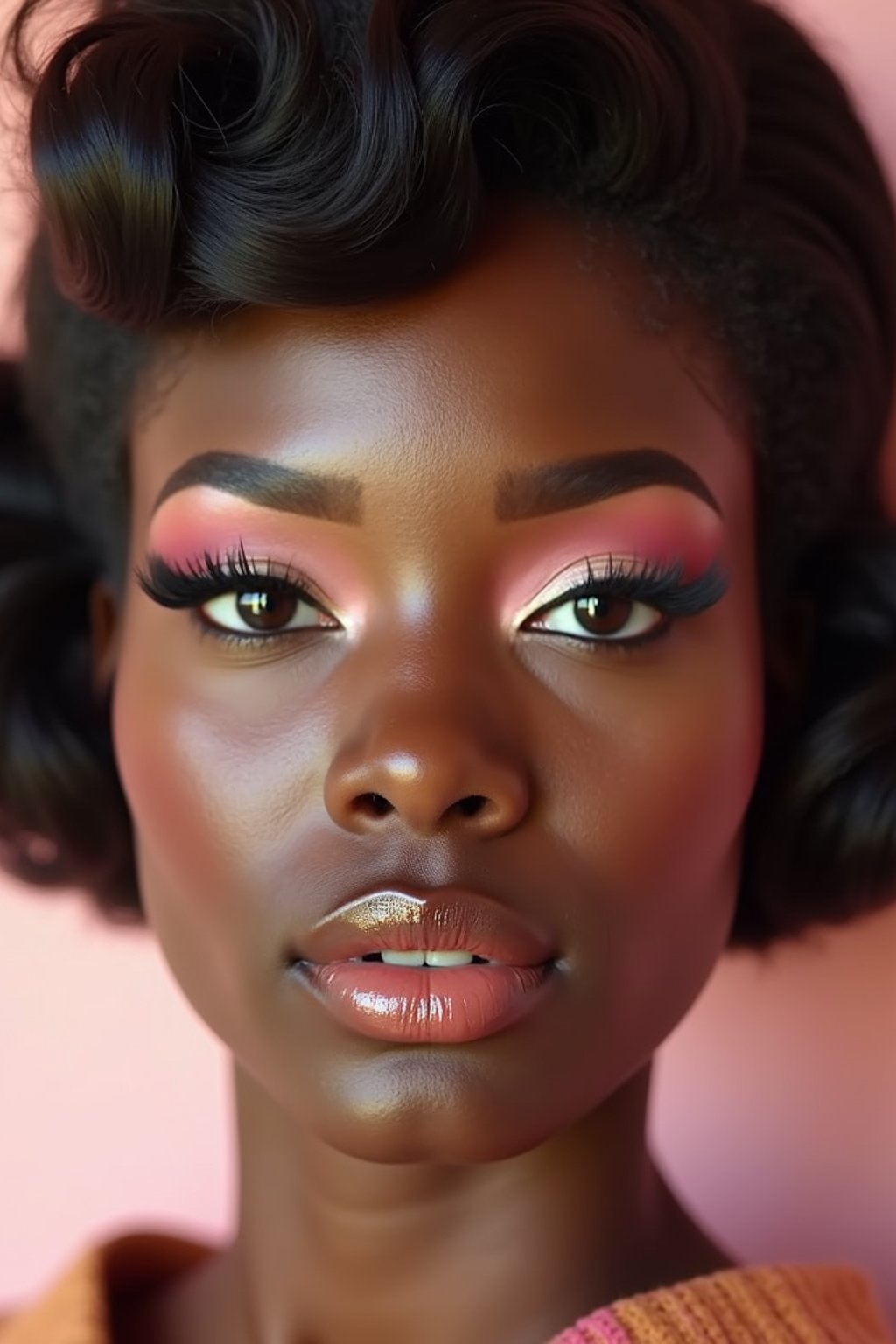 close-up of Model with a retro 60s makeup vibe, featuring thick eyeliner and pastel eyeshadow, paired with a vintage hairstyle. set against a soft, pastel background