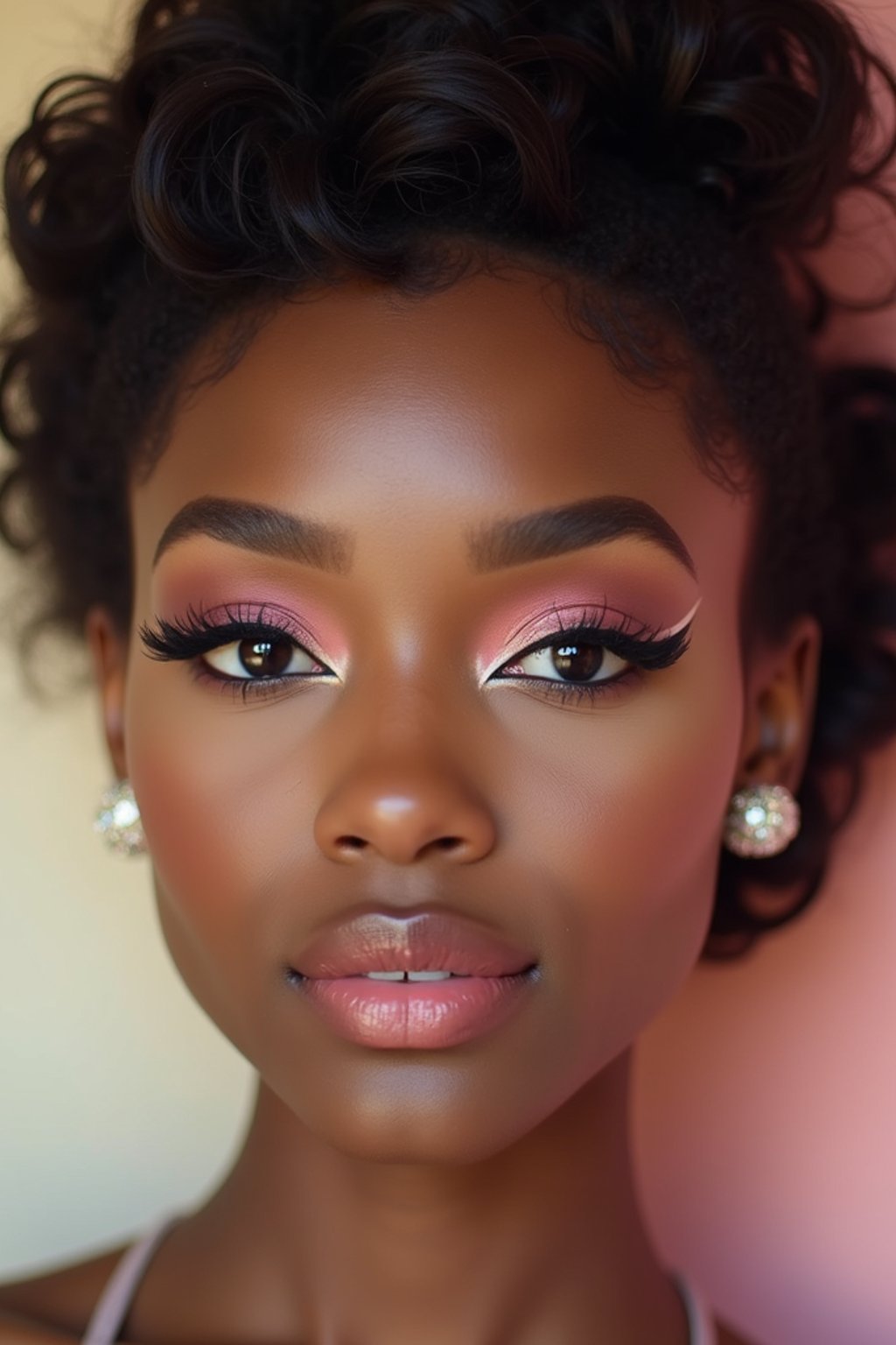 close-up of Model with a retro 60s makeup vibe, featuring thick eyeliner and pastel eyeshadow, paired with a vintage hairstyle. set against a soft, pastel background