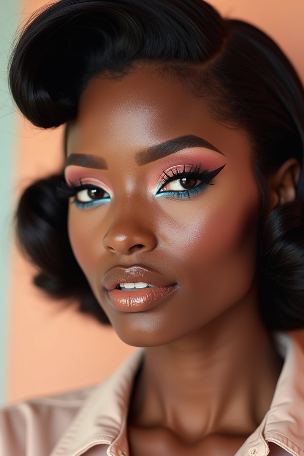 close-up of Model with a retro 60s makeup vibe, featuring thick eyeliner and pastel eyeshadow, paired with a vintage hairstyle. set against a soft, pastel background