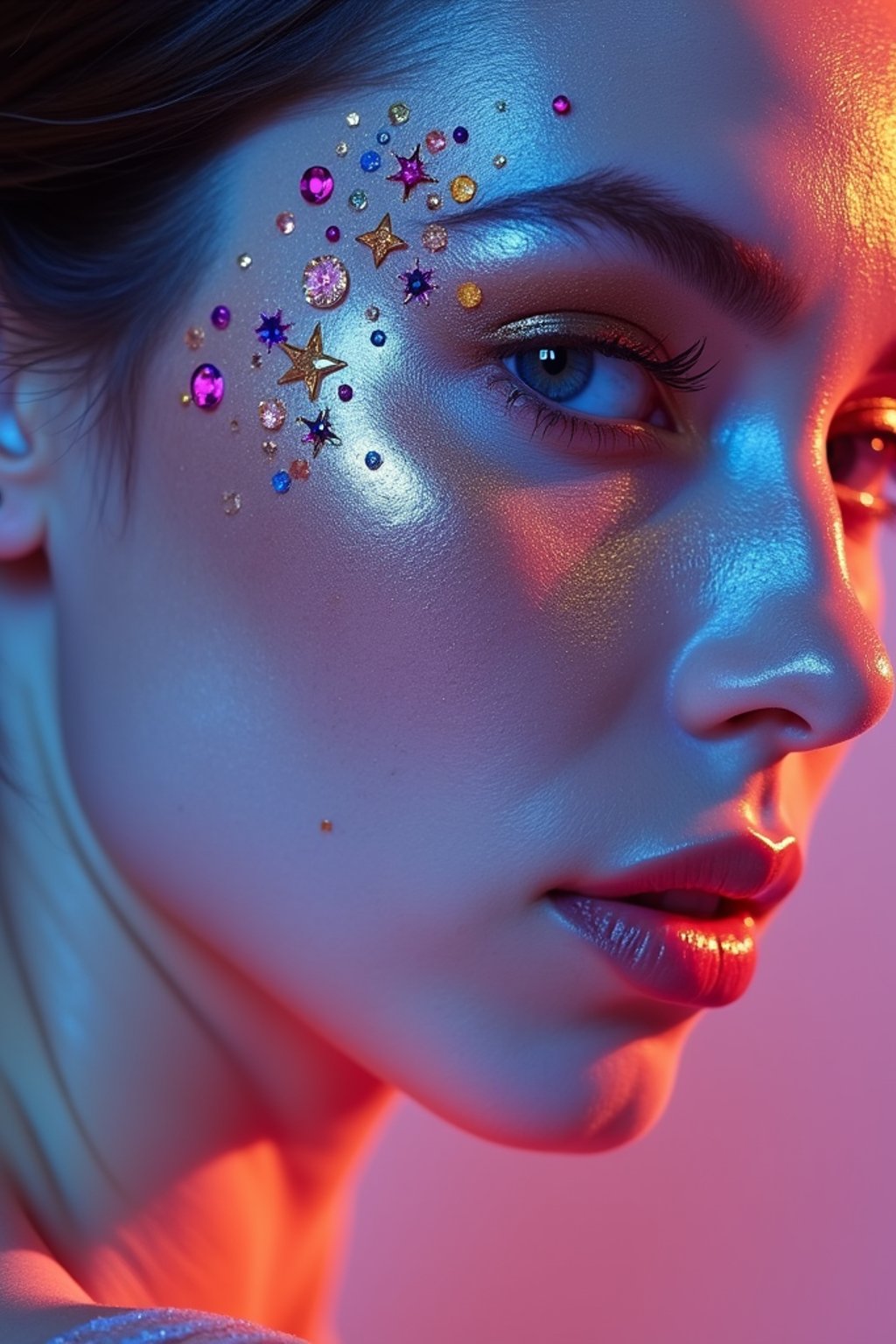 close-up of Artistic makeup with face jewels and iridescent highlighter, captured under a UV light for a glowing effect. set against a soft, pastel background