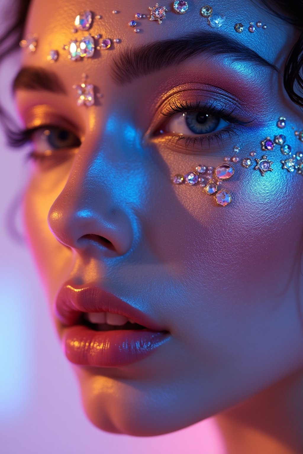 close-up of Artistic makeup with face jewels and iridescent highlighter, captured under a UV light for a glowing effect. set against a soft, pastel background