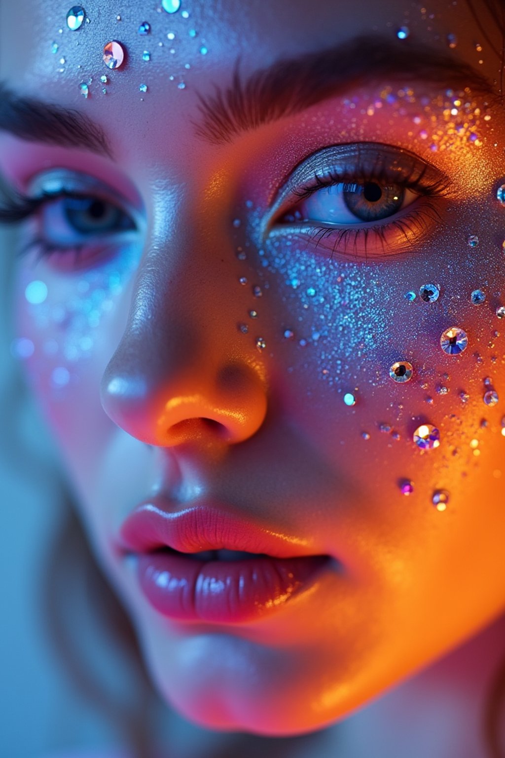 close-up of Artistic makeup with face jewels and iridescent highlighter, captured under a UV light for a glowing effect. set against a soft, pastel background