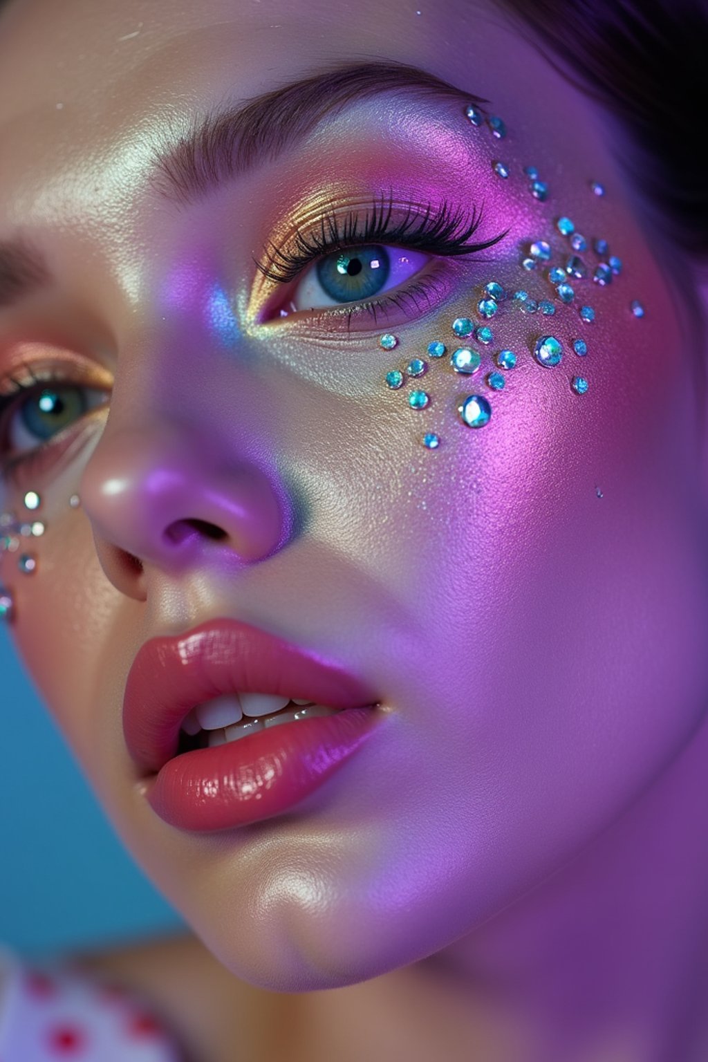 close-up of Artistic makeup with face jewels and iridescent highlighter, captured under a UV light for a glowing effect. set against a soft, pastel background