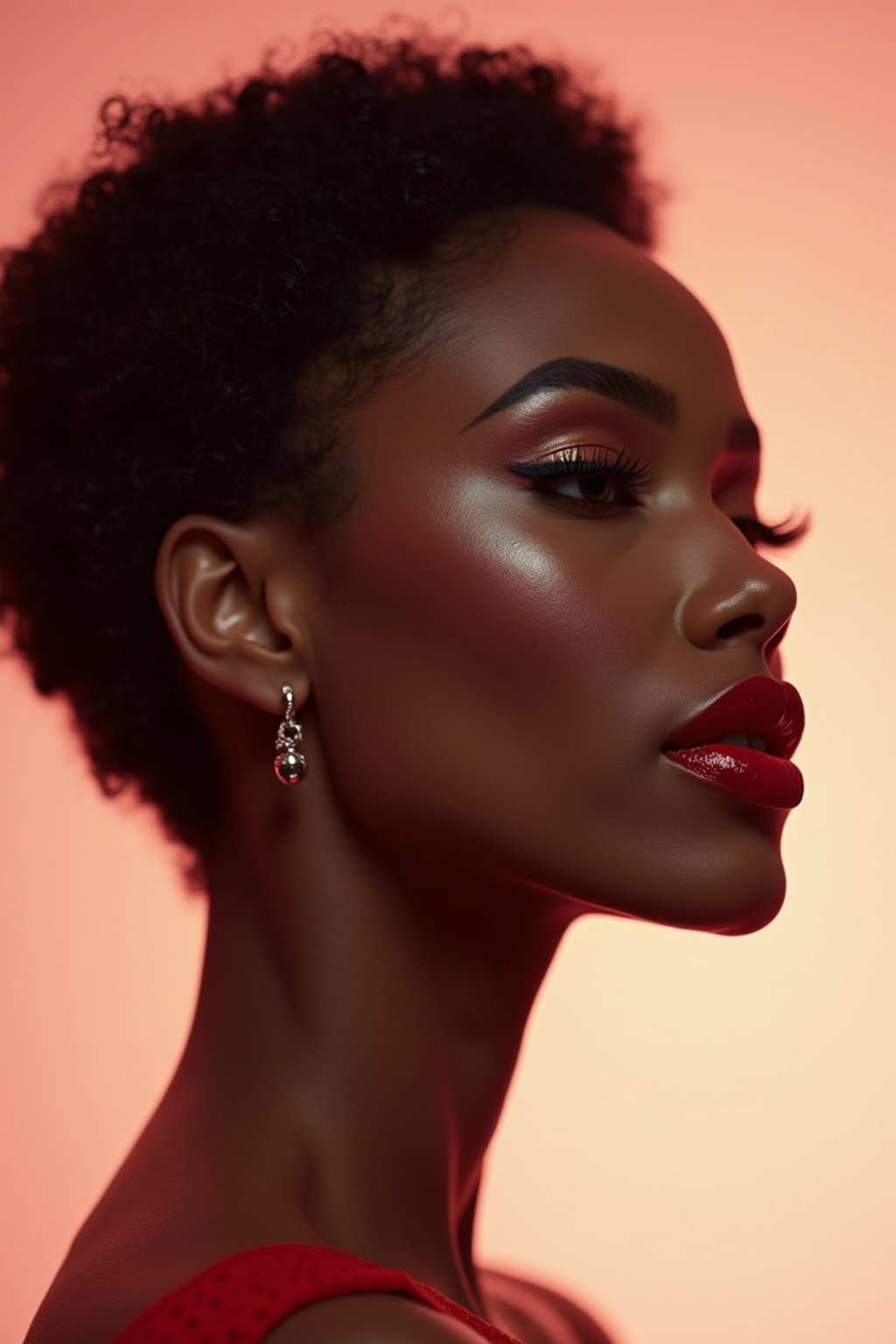 close-up of Elegant profile shot of a woman with classic Hollywood makeup, featuring bold eyebrows and red lips. set against a soft, pastel background