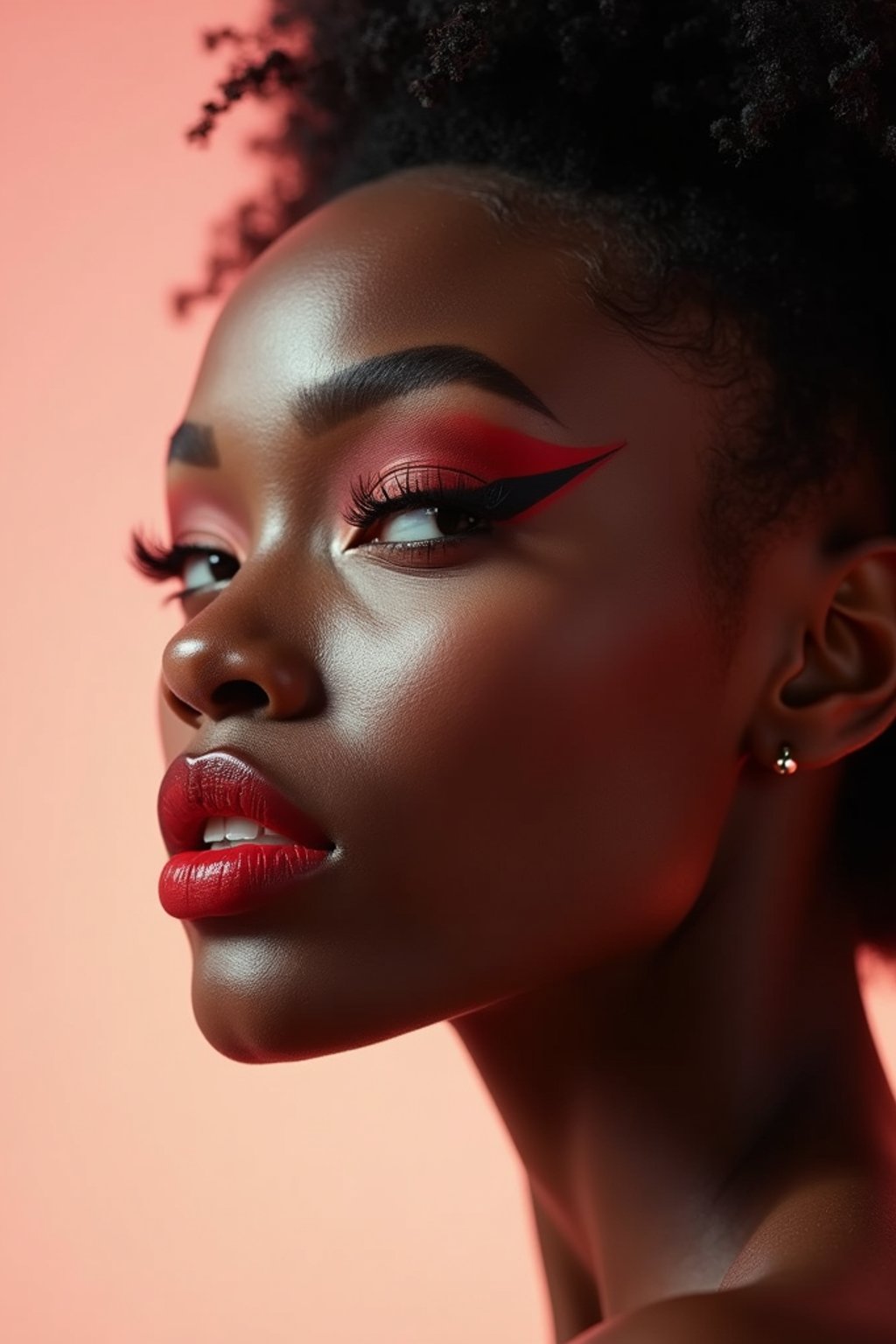 close-up of Elegant profile shot of a woman with classic Hollywood makeup, featuring bold eyebrows and red lips. set against a soft, pastel background