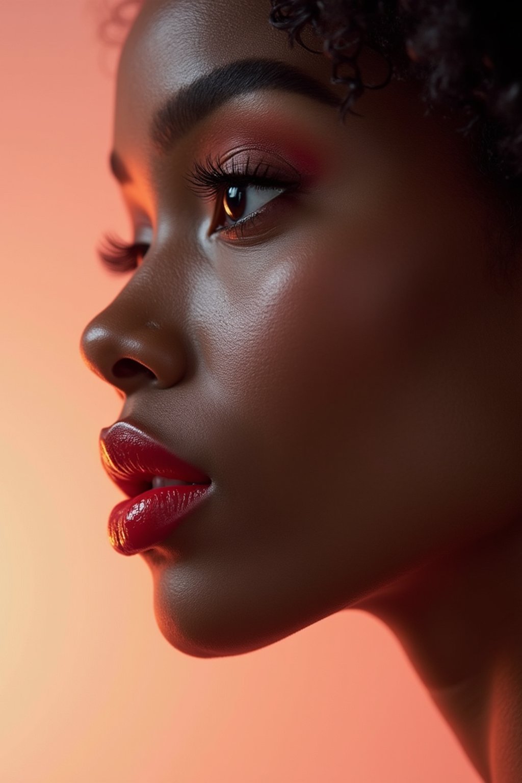 close-up of Elegant profile shot of a woman with classic Hollywood makeup, featuring bold eyebrows and red lips. set against a soft, pastel background