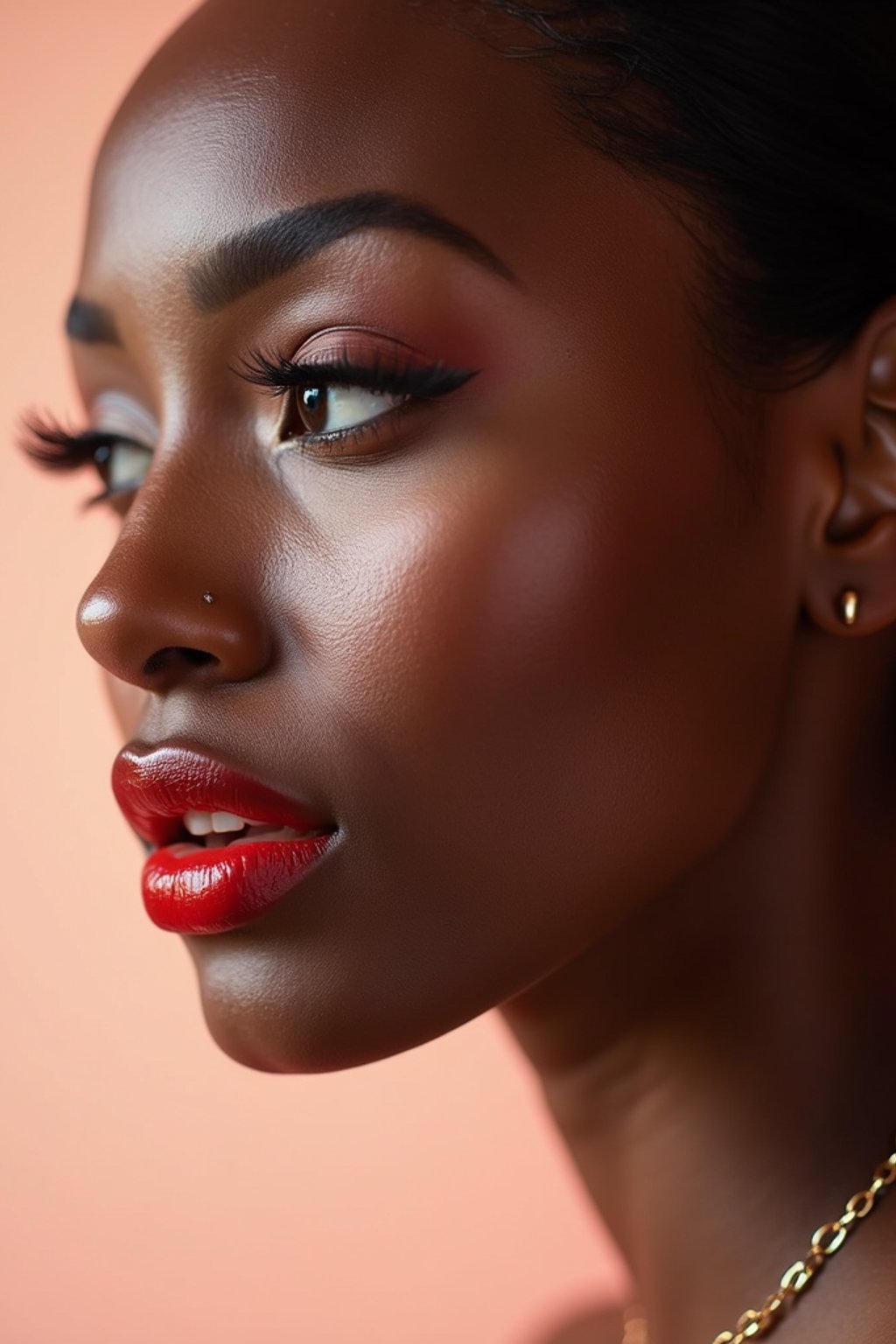 close-up of Elegant profile shot of a woman with classic Hollywood makeup, featuring bold eyebrows and red lips. set against a soft, pastel background