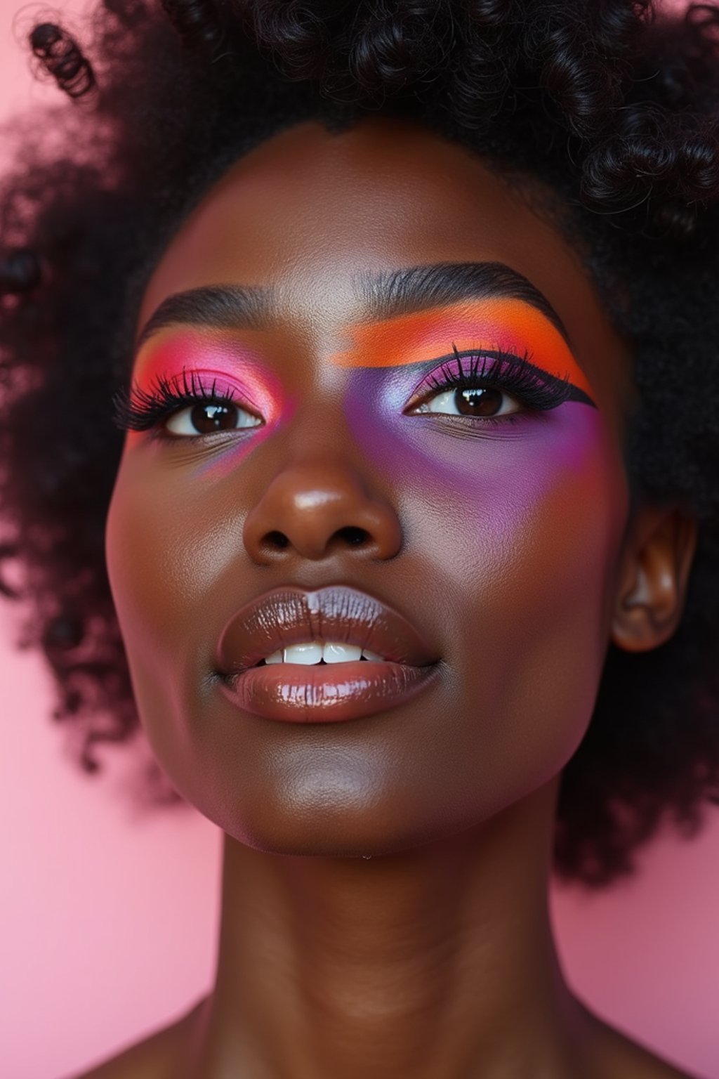 close-up of Model with an avant-garde makeup look, including graphic eyeliner shapes and vibrant cheek colors. set against a soft, pastel background