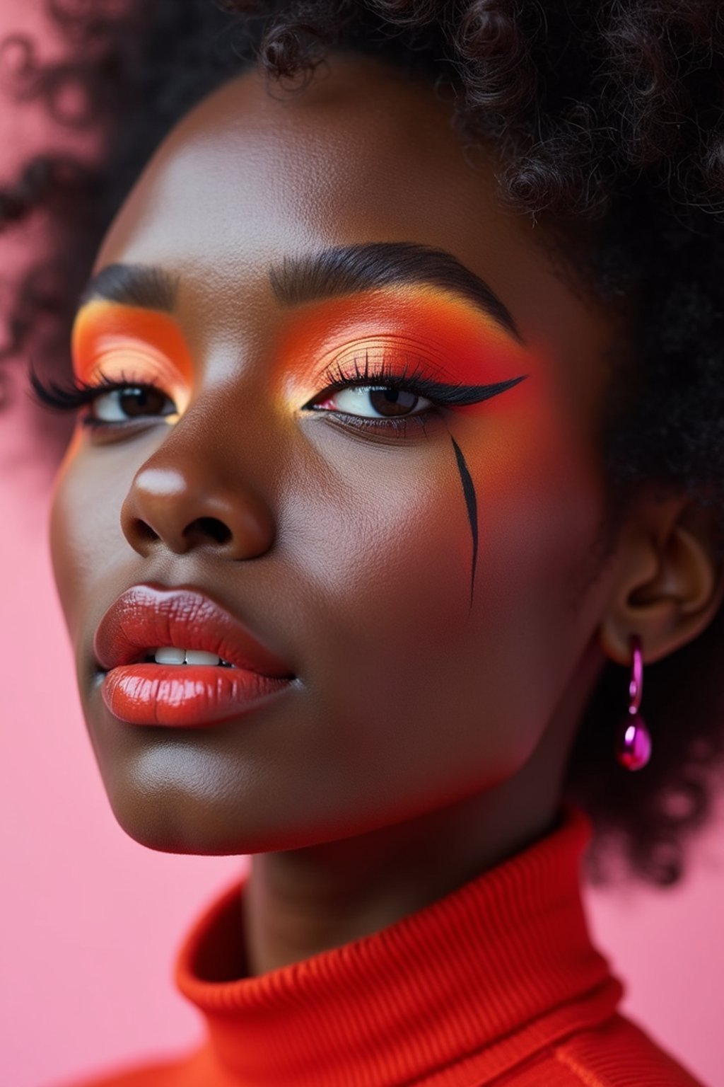 close-up of Model with an avant-garde makeup look, including graphic eyeliner shapes and vibrant cheek colors. set against a soft, pastel background