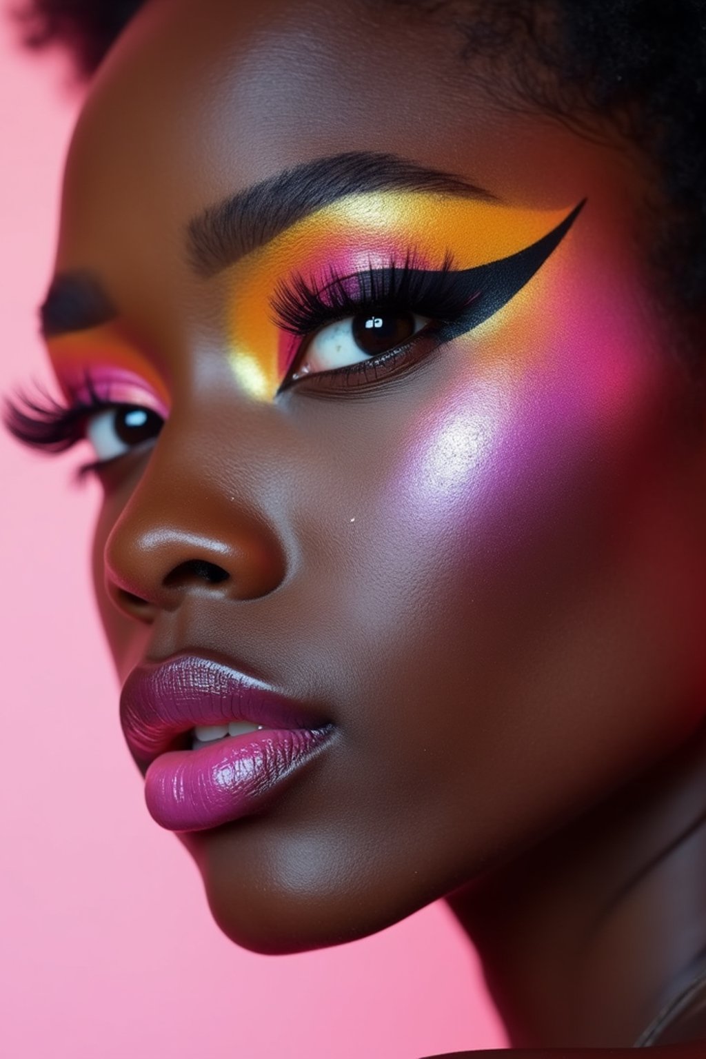 close-up of Model with an avant-garde makeup look, including graphic eyeliner shapes and vibrant cheek colors. set against a soft, pastel background