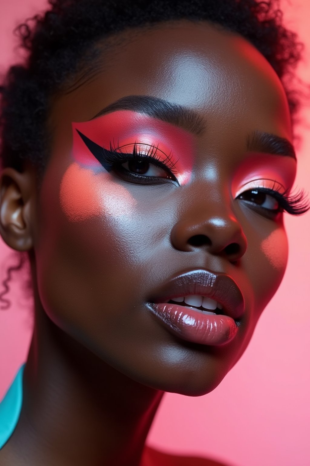 close-up of Model with an avant-garde makeup look, including graphic eyeliner shapes and vibrant cheek colors. set against a soft, pastel background