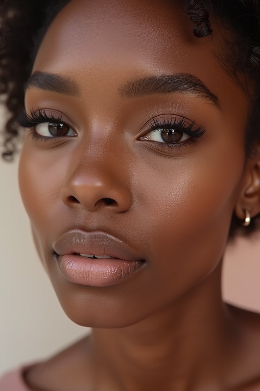 close-up of Beauty shot of woman featuring dewy skin, natural makeup look with nude lips and fluttery lashes. set against a soft, pastel background