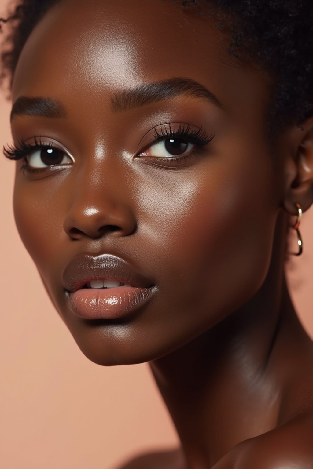 close-up of Beauty shot of woman featuring dewy skin, natural makeup look with nude lips and fluttery lashes. set against a soft, pastel background