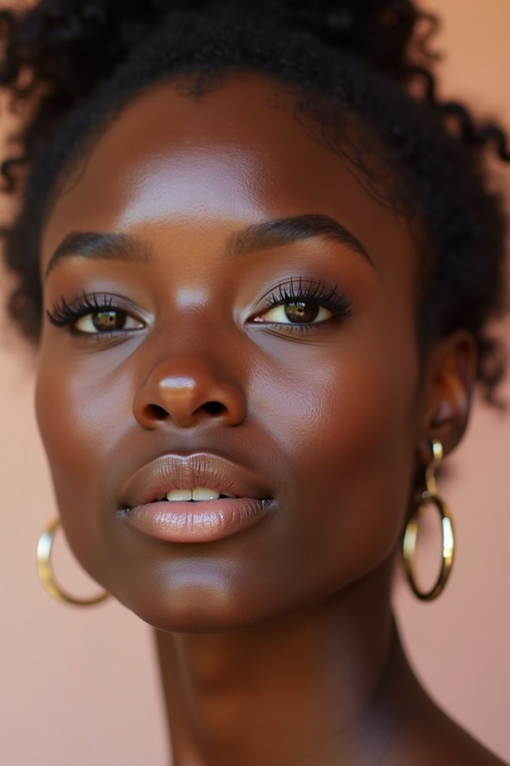 close-up of Beauty shot of woman featuring dewy skin, natural makeup look with nude lips and fluttery lashes. set against a soft, pastel background