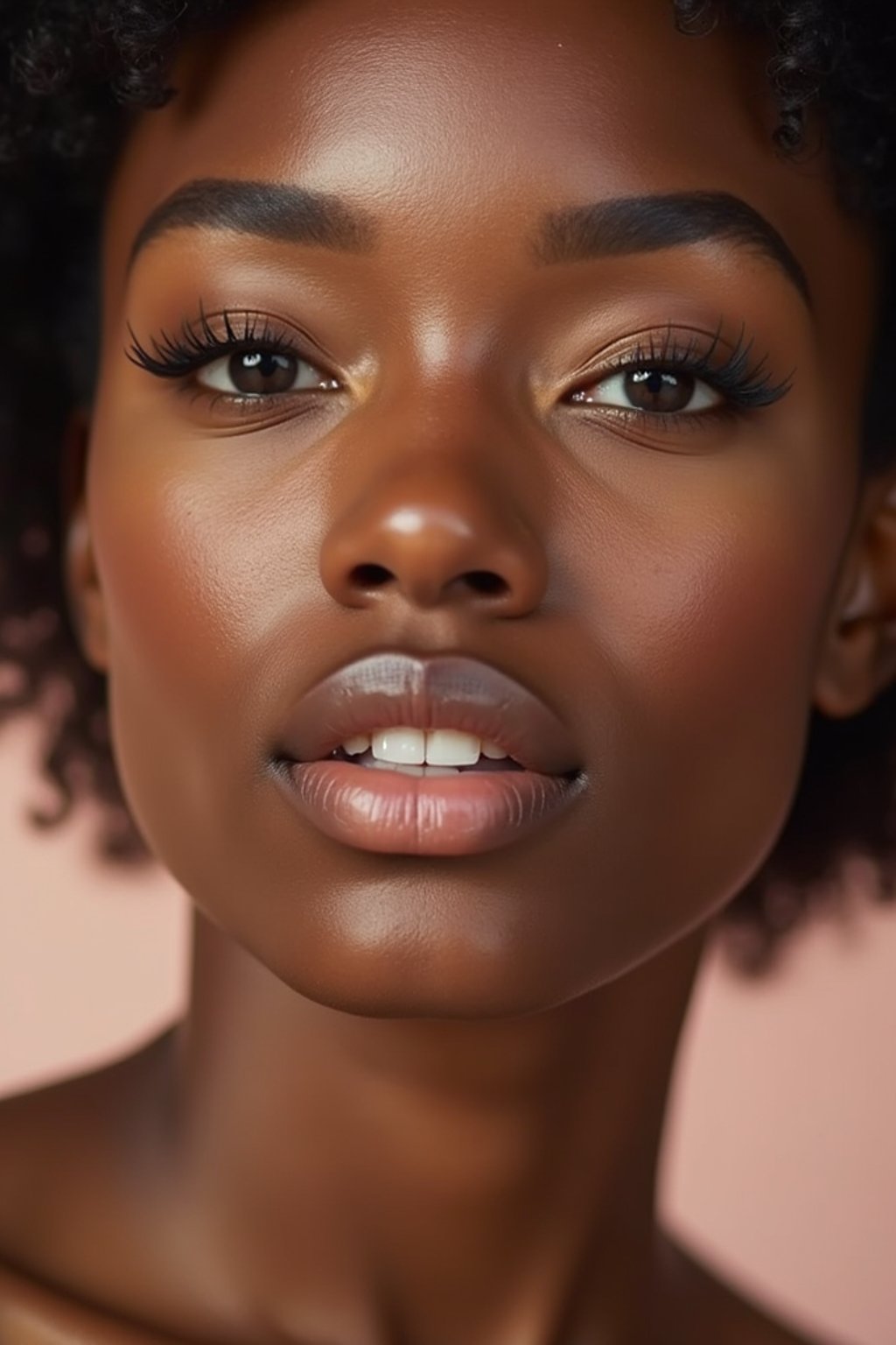 close-up of Beauty shot of woman featuring dewy skin, natural makeup look with nude lips and fluttery lashes. set against a soft, pastel background