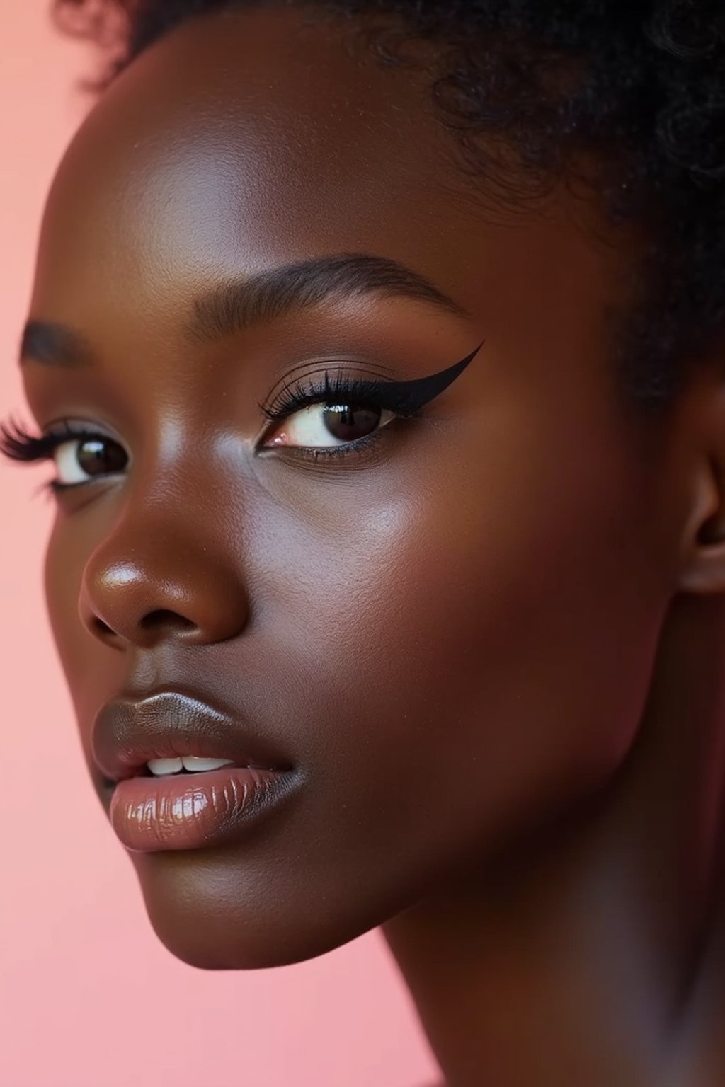 close-up of Model sporting winged eyeliner and matte skin finish. set against a soft, pastel background